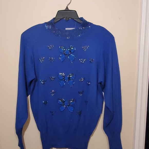 Royal Blue Embroidered Christmas Bow Sweater Large - Picture 1 of 6